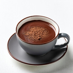 Fototapeta premium A close-up view of a cup of hot chocolate topped with cocoa powder, served in a gray cup with a matching saucer on a white background.