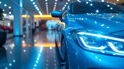 Modern car led headlight in showroom