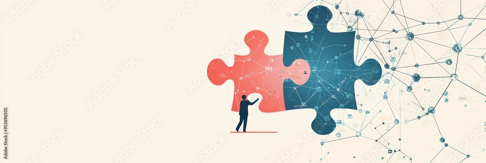 Poster abstract business concept featuring a giant puzzle piece being placed by a figure. concept of teamwo