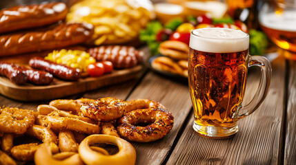 A vibrant display of traditional Oktoberfest products, including beer steins, pretzels, sausages and more, set on rustic wooden tables, capturing the festive spirit of Oktoberfest in Germany.