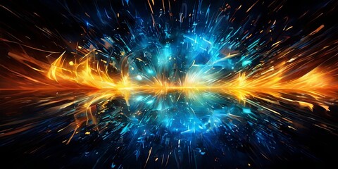 A colorful, abstract image of a blue and orange explosion