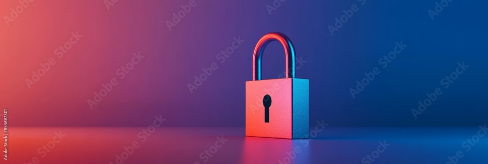 Poster minimalist red and blue lock on a gradient background. symbol of digital security and data protectio