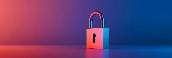 Minimalist red and blue lock on a gradient background. Symbol of digital security and data protection