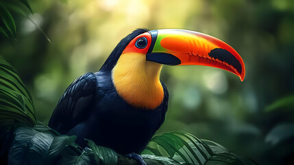 Fototapeta premium A toucan with a large colorful beak perches on a branch in a lush rainforest.