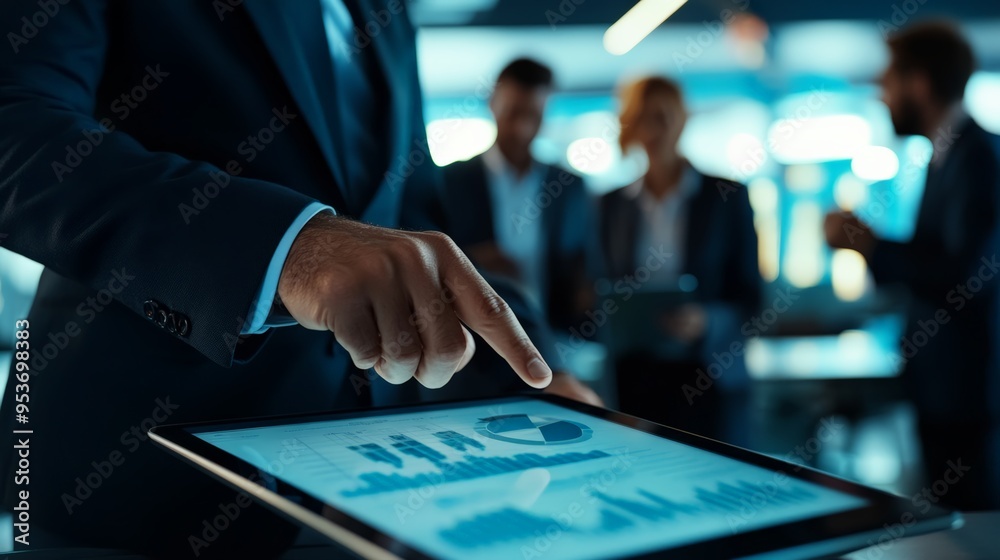 Poster businessman pointing at data on a tablet screen in a professional meeting setting. business technolo