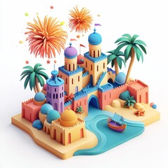 Isometric Illustration of 3d Yemen with firework in new year icon