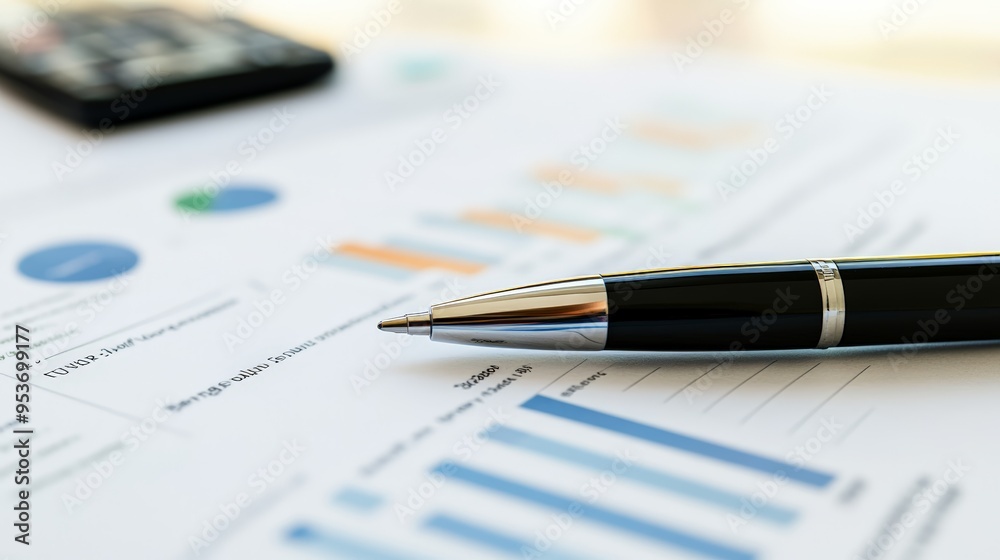 Poster close-up of a pen on financial documents with charts and graphs in a well-lit office. financial anal