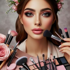 a woman with a makeup on her face is looking at a makeup.