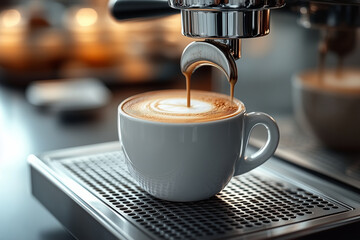 Close-up of a coffee maker pouring hot coffee into a cup.