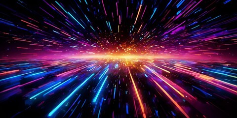 A colorful, neon light show with a bright orange streak