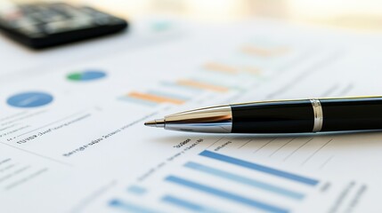 Close-up of a pen on financial documents with charts and graphs in a well-lit office. Financial analysis and business planning concept