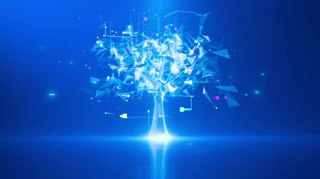 Abstract glowing tree on blue background. Technology growth and digital transformation.
