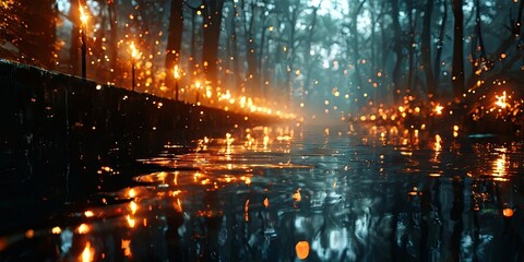 A forest with a stream of water and a lot of fireflies