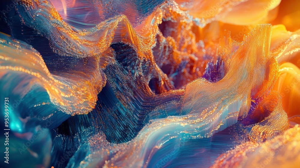 Poster abstract digital art with vibrant hues and shimmering particles