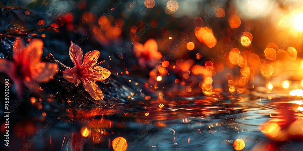 Poster A close up of a pond with a few red flowers floating on the surface