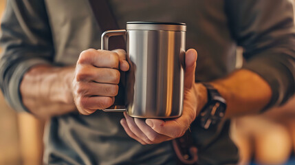 A man is holding a coffee mug in his hand