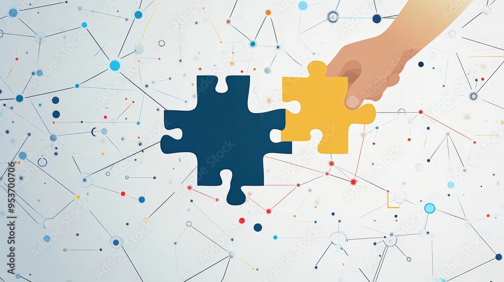 Poster creative abstract illustration of two large puzzle pieces being connected by a figure. concept of bu