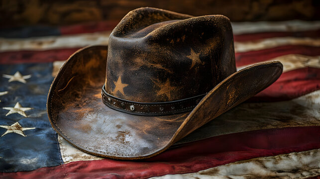 A weathered brown cowboy hat resting on a faded American flag. - Powered by Adobe