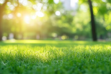 Fototapeta premium City lawn view. Green nature in spring eco garden. Summer abstract blur background. with generative ai