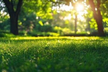 Fototapeta premium City lawn view. Green nature in spring eco garden. Summer abstract blur background. with generative ai