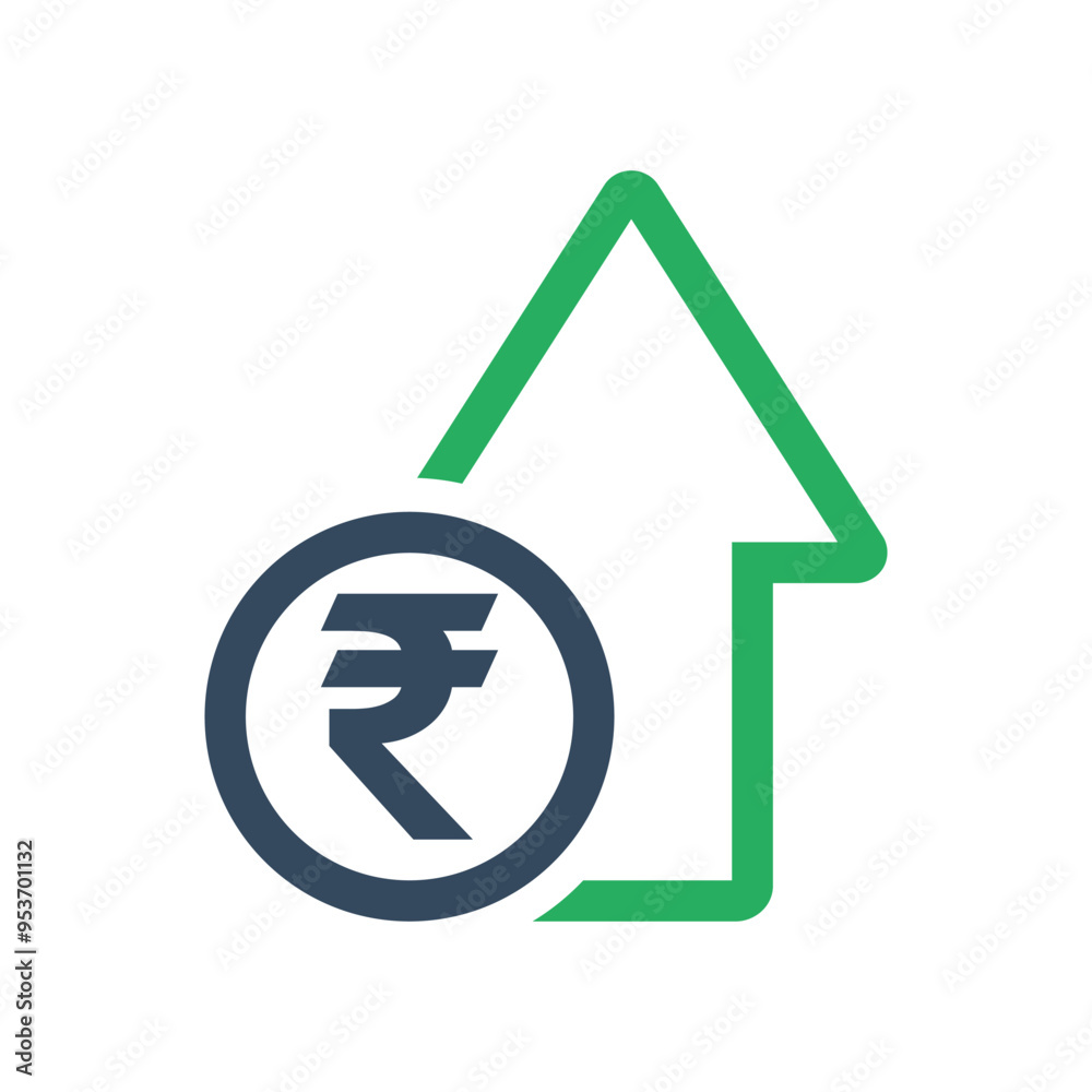 Wall mural rupee coin and green arrow, positive economic dynamic concept, indian currency increase exchange rate indicator