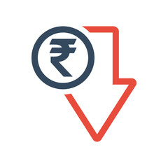 rupee coin and red down arrow, negative economic dynamic concept, indian currency decrease exchange rate indicator