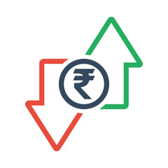 indian rupee coin with green up and red down arrows, tax or inflation indicator, price or income vector outline icon