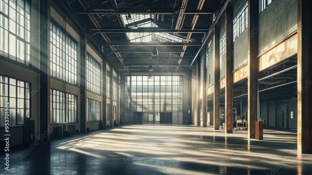 Poster Sunlight Streaming Through Windows of an Empty Industrial Building