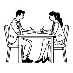A man and a woman are sitting at a table writing