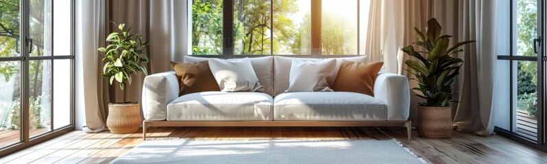 Couch with pillows and pillows on it in a room, banner, copy space