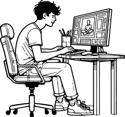 A man is sitting at a computer with a keyboard and a monitor in front of him