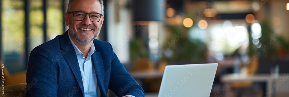 Aufkleber A professional businessman is depicted in a contemporary workspace, efficiently utilizing advanced technology to enhance productivity and performance through effective collaboration and communication
