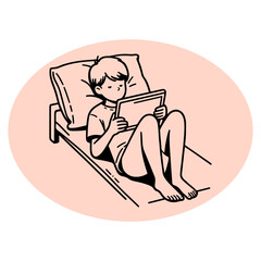 A boy is laying in bed with a tablet in his hand