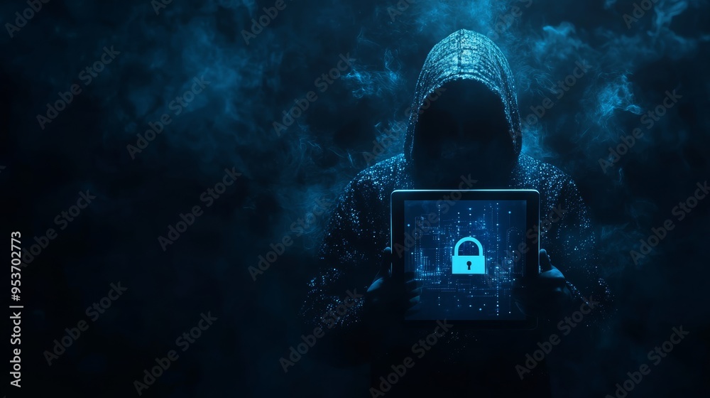 Poster Mysterious hooded figure holding a tablet displaying a lock symbol with digital coding. Cybersecurity and encrypted communication concept.