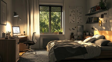 Bedroom with a work desk. Work from home. Home office