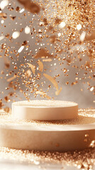 Falling golden sparks or confetti, a shining podium platform on a festive dark background. The concept of the show.