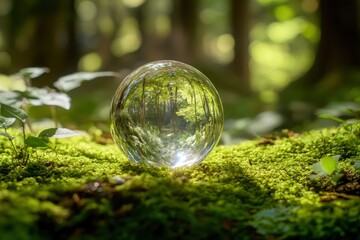 Crystal globe glass on green moss in forest to protect nature Save and care World for sustainable. concept of the environment ecology and Earth Day. eco environment and ESG concept with generative ai