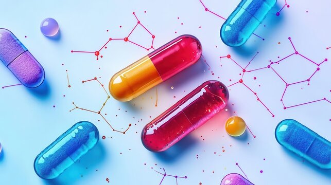 Colorful capsules and molecular structures on a blue background showcasing pharmaceutical and scientific research concepts.