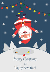 Christmas Santa Claus greeting card vector template design. Merry Christmas and New Year greetings with cute Santa Claus characters, grandfather entangled on a garland, snowflakes, spruce, Vector