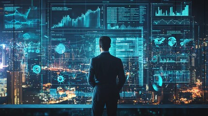 A businessman analyzes data trends from a futuristic control room, gazing out over a vibrant cityscape with tech overlays.
