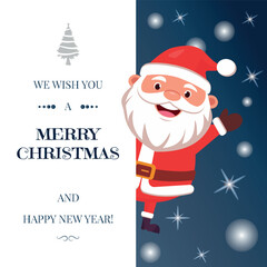 Christmas Santa Claus greeting card vector template design. Merry Christmas and New Year greeting with cute Santa Claus characters, on blue background,snowflakes, fir tree and congratulation Vector