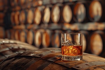 A glass of whiskey in oak barrels