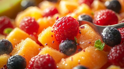 Colorful fruit salad with a mix of berries, citrus, and melon