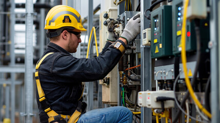 Fototapeta premium A commercial electrician or engineer and overalls with safety gears working on an electrical panel, power station, construction site, or factory. Electrical system repair, wiring.