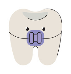 A vector illustration of a sad tooth wearing light purple braces on a light background Flat vector illustration of dental health cute character design