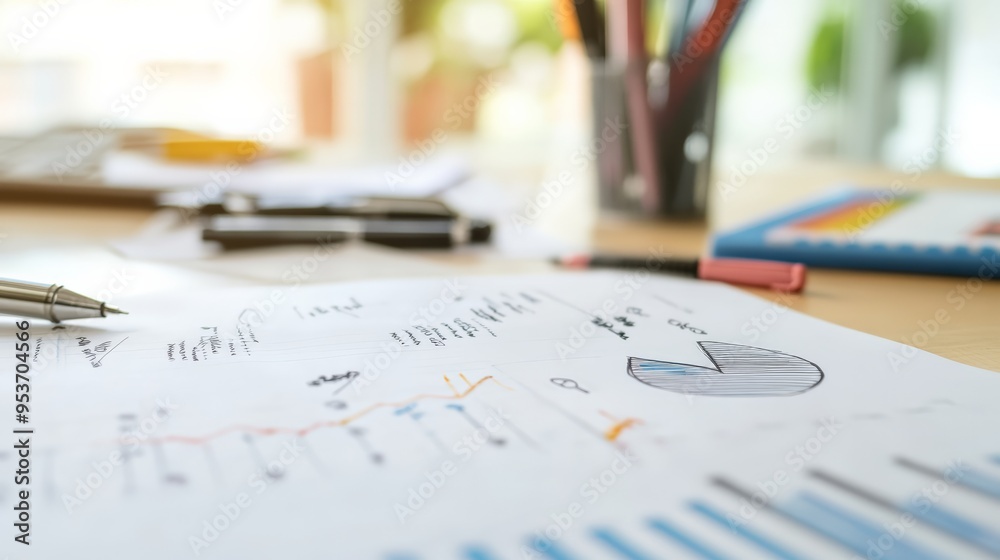 Aufkleber close-up of business documents with charts and graphs on a desk in a bright office. concept of finan