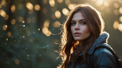 A young woman with brown hair stands in a forest, illuminated by soft, magical light with bokeh effect.