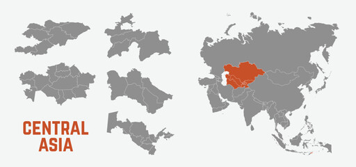Central Asia map. Uzbekistan, Kazakhstan, Turkmenistan,  Kyrgyzstan, Tajikistan maps with regions. Asia map isolated on white background. High detailed. Vector illustration	