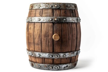 Obraz premium Oak barrel brown with metal hoops on a white isolated background