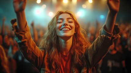 Fototapeta premium Picture of rock concert, music festival, New Year eve celebration, party in nightclub, dance floor, disco club, many people standing with raised hands up and clapping, happiness and night life concept